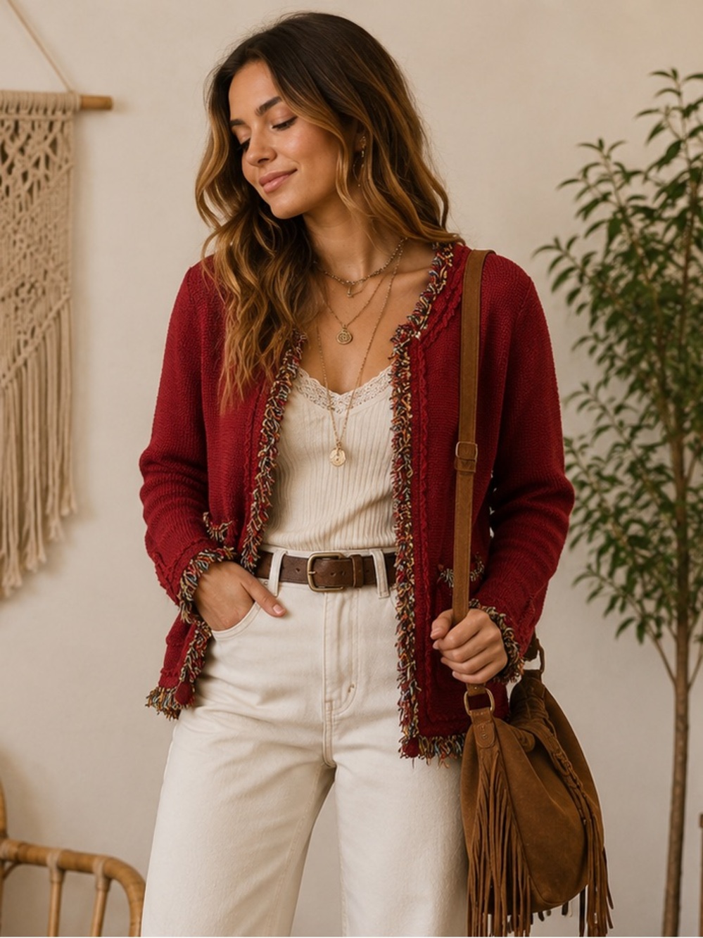 Curio Red knit Multicolor Fringe Cardigan M